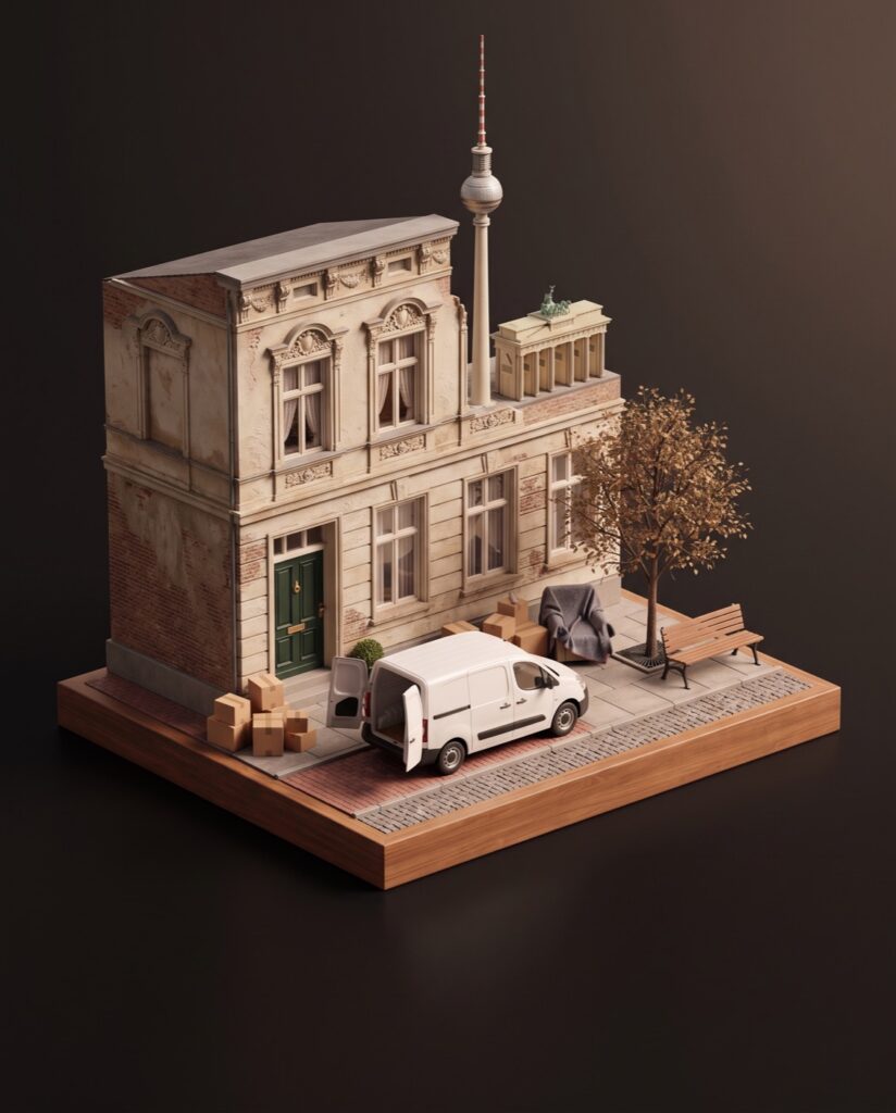 Illustration: Berliner Altbau mit Umzugswagen und Kartons, dahinter Fernsehturm und Brandenburger Tor als Miniatur.