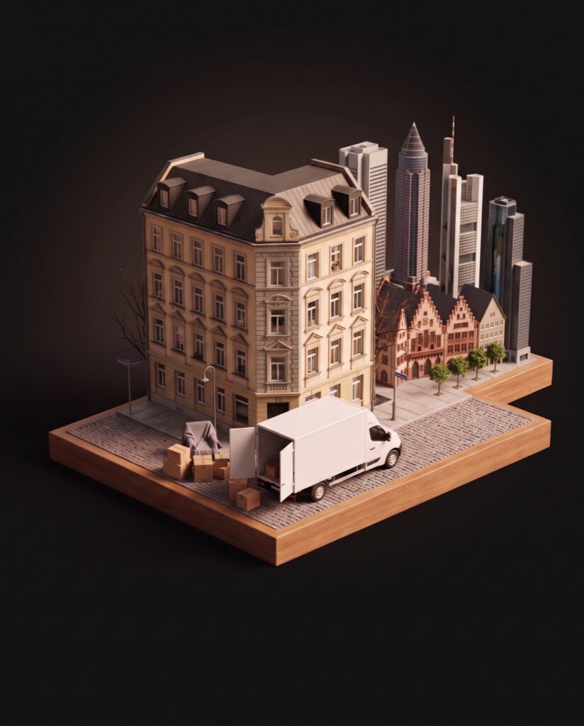 Illustration: Frankfurter Altbau mit Umzugswagen und Kartons, dahinter Bankenhochhäuser und Römer als Miniatur.
