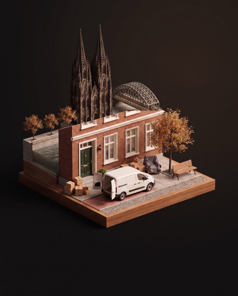 Illustration: Kölner Altbau am Rhein mit Umzugswagen und Kartons, dahinter Kölner Dom und Hohenzollernbrücke als Miniatur.