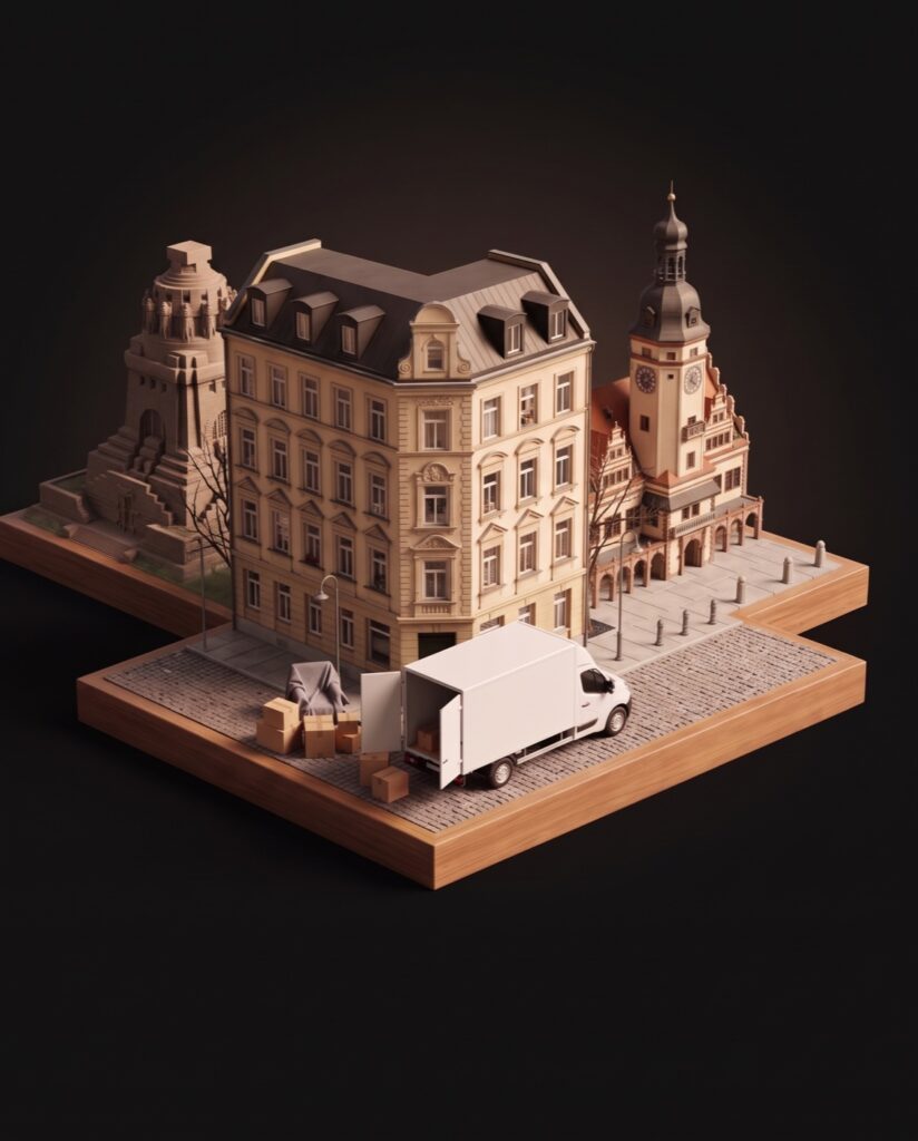Illustration: Leipziger Altbau mit Umzugswagen und Kartons, dahinter Völkerschlachtdenkmal und Altes Rathaus als Miniatur.