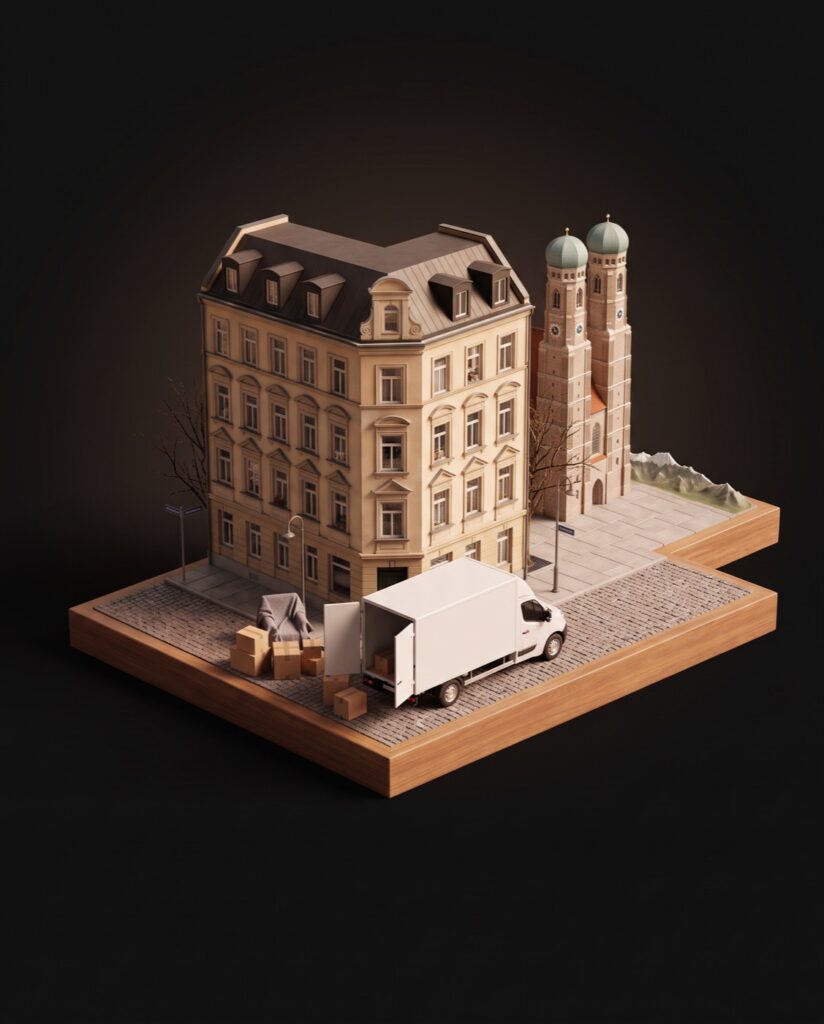 Illustration: Münchner Altbau mit Umzugswagen und Kartons, dahinter die Türme der Frauenkirche als Miniatur.