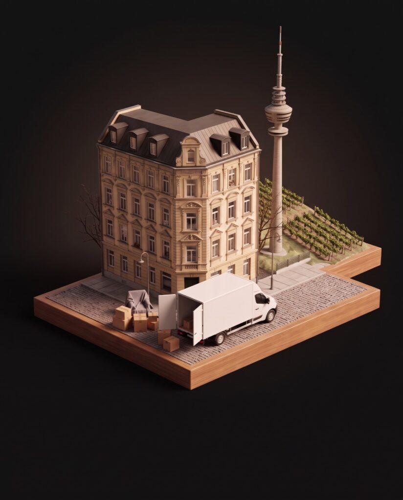 Illustration: Stuttgarter Altbau mit Umzugswagen und Kartons, dahinter Fernsehturm und Weinberge als Miniatur.