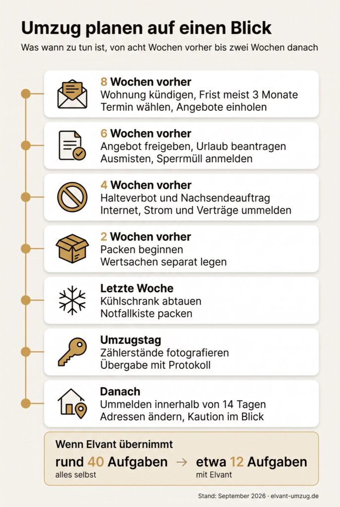 Infografik zum Umzug planen: Zeitleiste von acht Wochen vorher bis nach dem Einzug mit den wichtigsten Aufgaben je Phase, mit Elvant bleiben von rund 40 Aufgaben etwa 12.