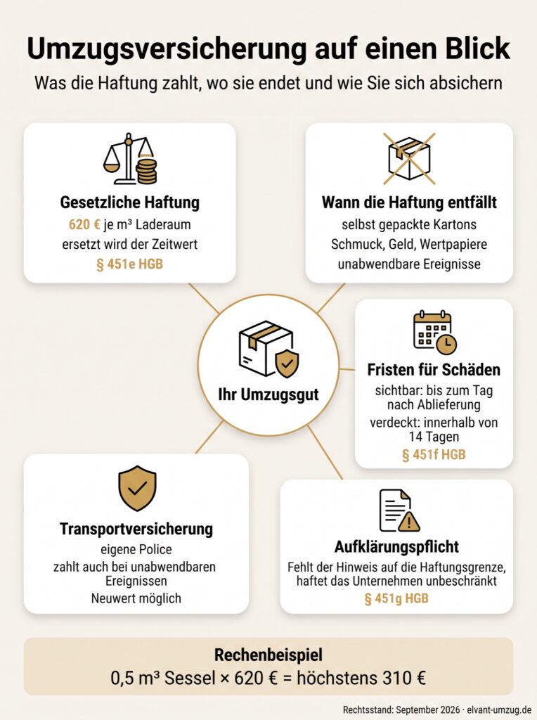 Infografik zur Umzugsversicherung: gesetzliche Haftung mit 620 € je m³ zum Zeitwert, Haftungsausschlüsse, Fristen für Schäden, Transportversicherung und Aufklärungspflicht nach dem HGB, mit Rechenbeispiel.