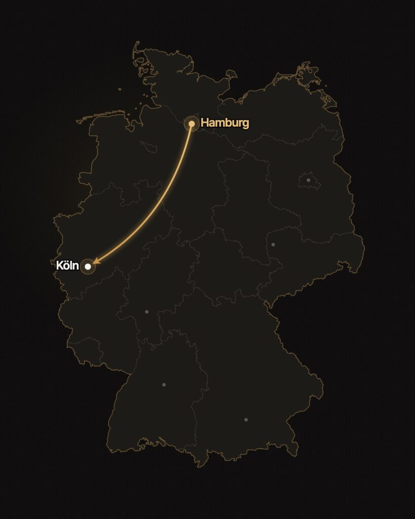 Deutschlandkarte mit goldenem Pfeil von Hamburg nach Köln, Fernumzug mit Elvant