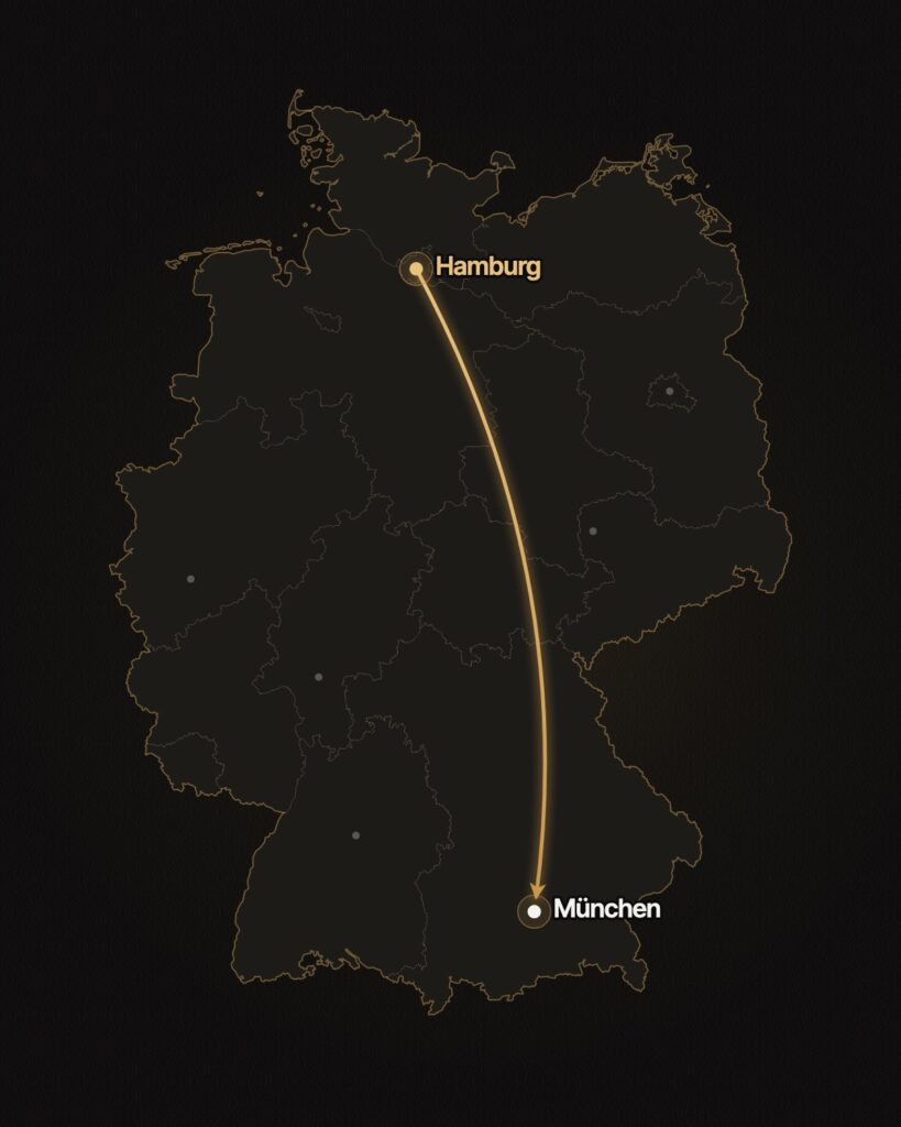 Deutschlandkarte mit goldenem Pfeil von Hamburg nach München, Fernumzug mit Elvant