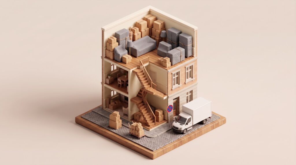 Illustration: Wohnhaus im Schnitt mit verpackten Möbeln im dritten Stock, engem Treppenhaus und Umzugswagen neben einem Halteverbotsschild.