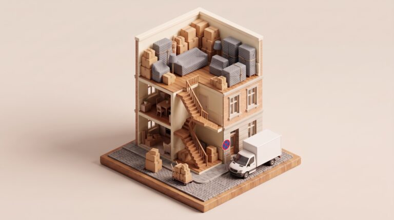 Illustration: Wohnhaus im Schnitt mit verpackten Möbeln im dritten Stock, engem Treppenhaus und Umzugswagen neben einem Halteverbotsschild.