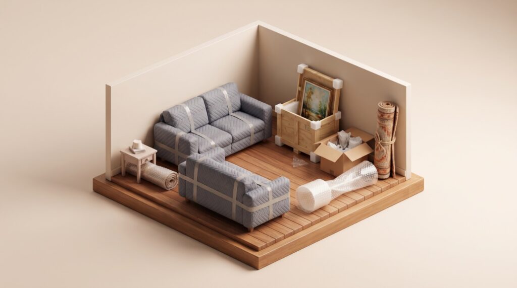 Illustration: Wohnzimmer mit Sofas in Umzugsdecken, einem Gemälde in einer Holzkiste mit Kantenschutz und Gläsern in Seidenpapier.