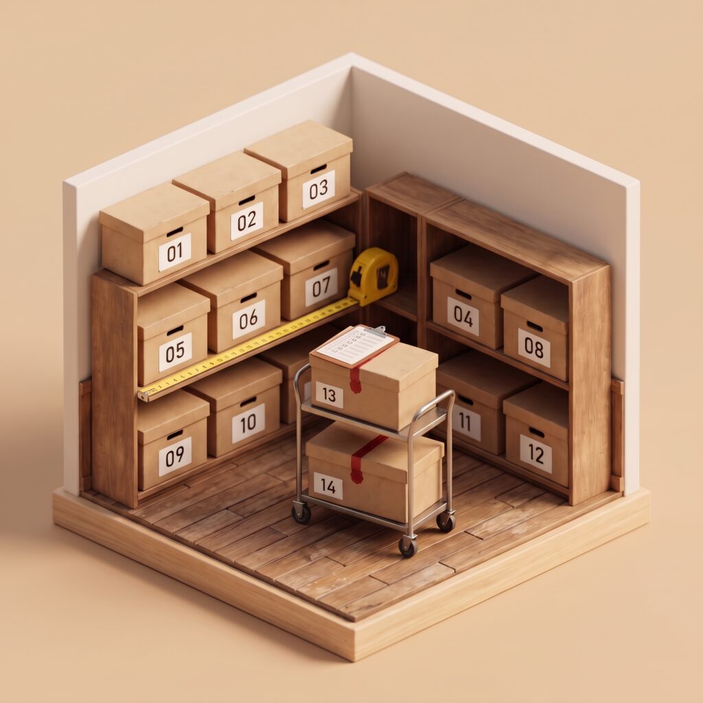 Illustration: Archivregale mit nummerierten Archivboxen, ein Maßband misst die Regallänge, davor ein Rollwagen mit verplombten Boxen.