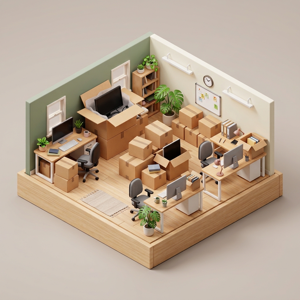 Illustration: Büroraum mit Schreibtischen, Monitoren und gepackten Umzugskartons.