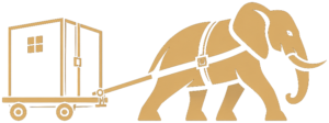 Elvant Logo: goldener Elefant zieht einen Umzugswagen