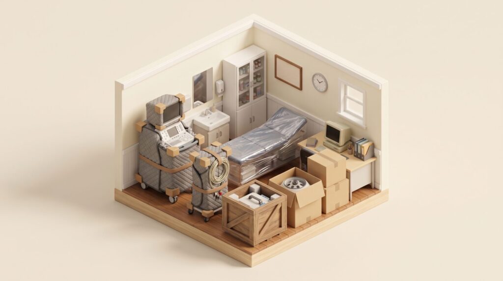 Illustration: Ultraschallgerät, EKG-Wagen und Behandlungsliege, gepolstert und stehend verpackt für den Praxisumzug.