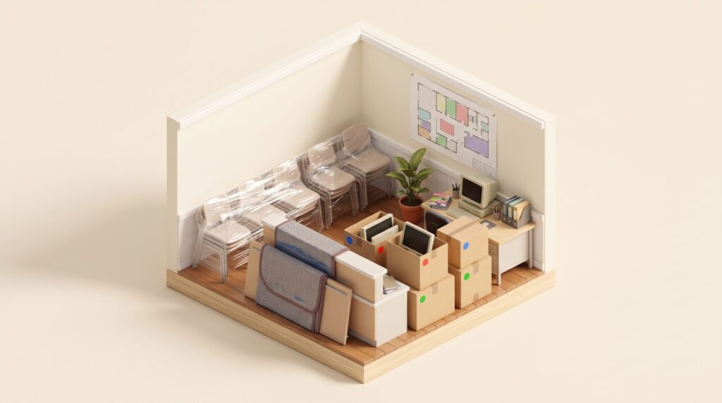 Illustration: Wartezimmer und Empfang einer Arztpraxis, abgebaut und nach Raumplan für den Umzug gepackt.