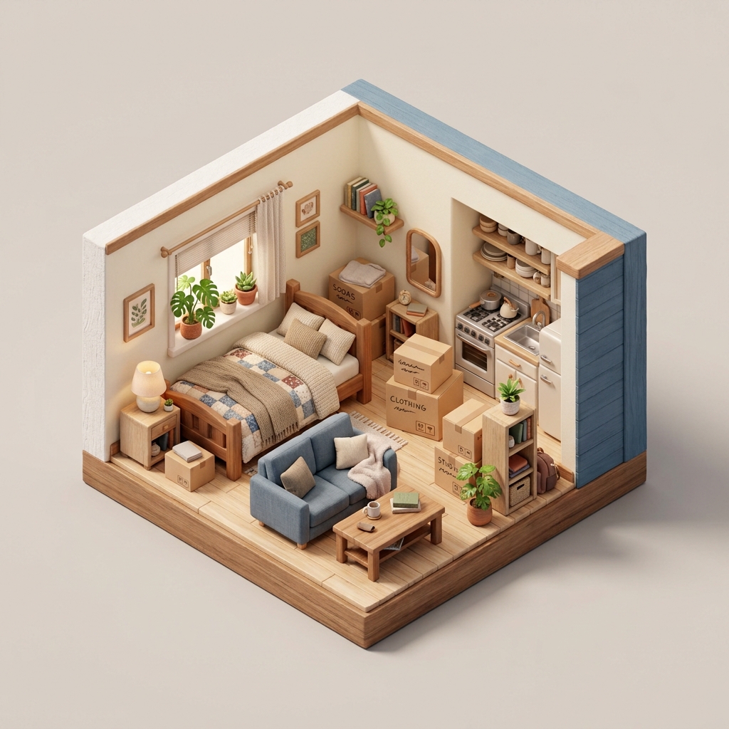 Illustration: Kleine Wohnung mit Bett, Sofa und Regalen, eingerichtet nach dem Einzug.