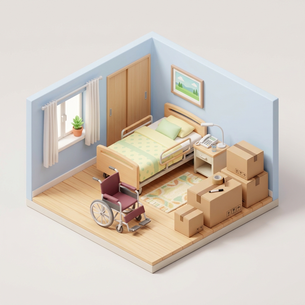 Illustration: Zimmer mit Pflegebett, Rollstuhl und Umzugskartons beim Einzug ins Pflegeheim.