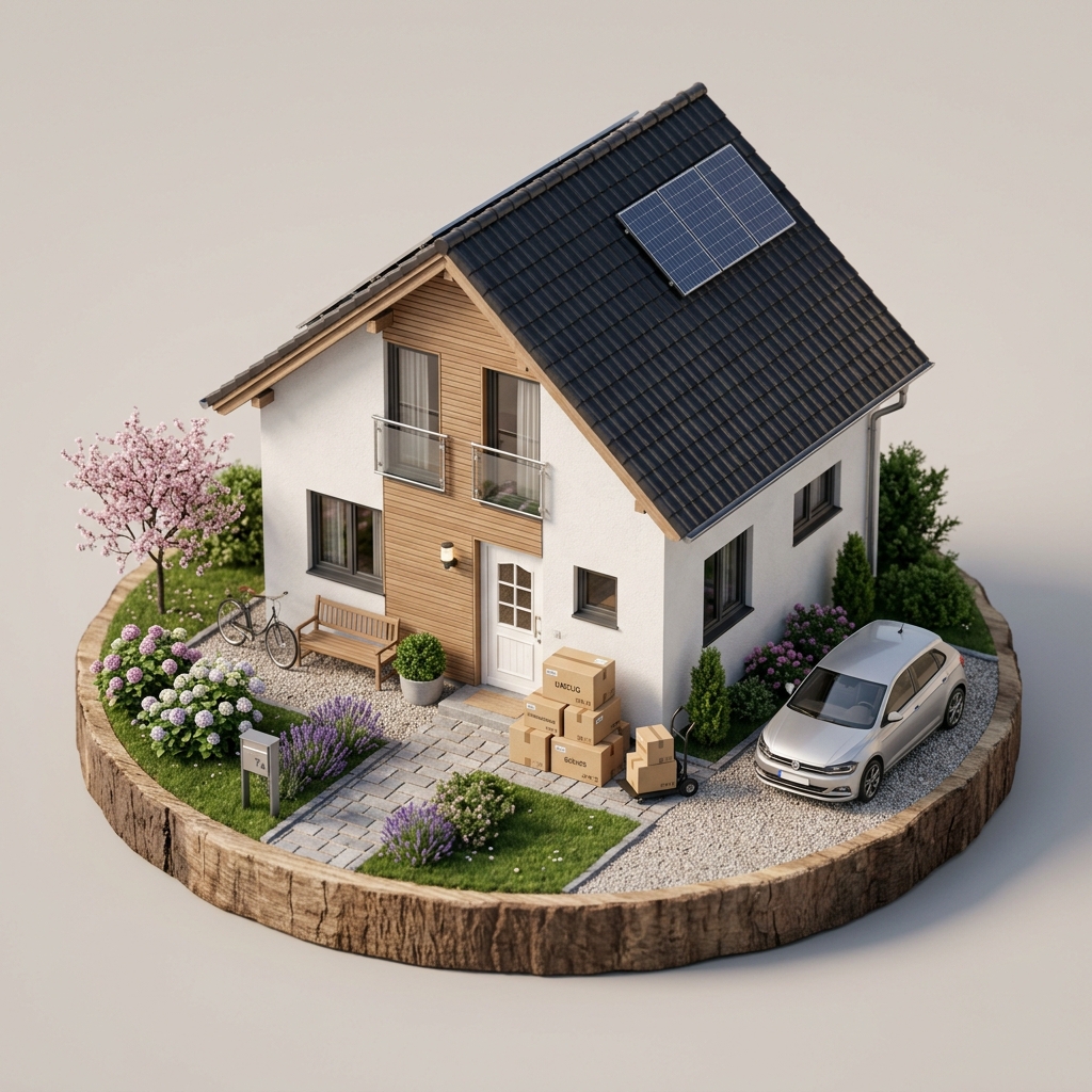 Illustration: Einfamilienhaus mit Garten, davor gepackte Umzugskartons für den Umzug in eine kleinere Wohnung.
